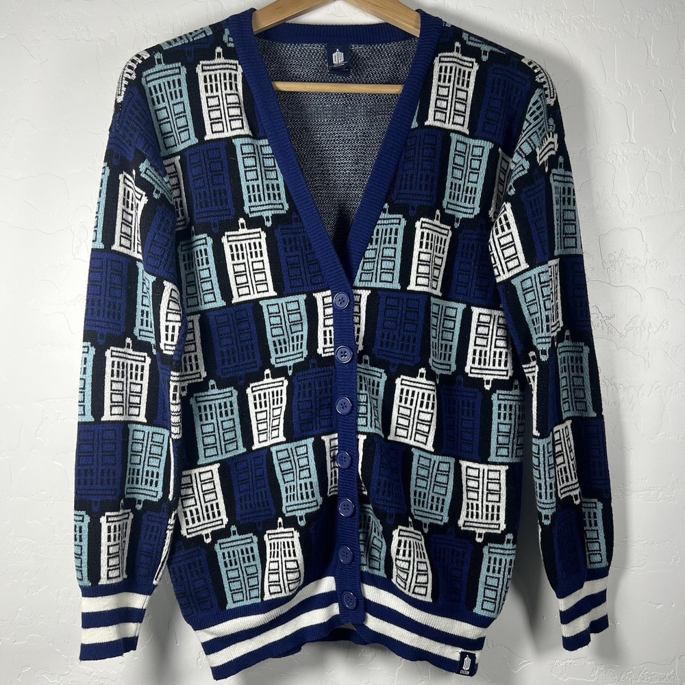 Hot Topic BBC Doctor Who Tardis Cardigan Sweater Sz M Blue Graphic Varsity